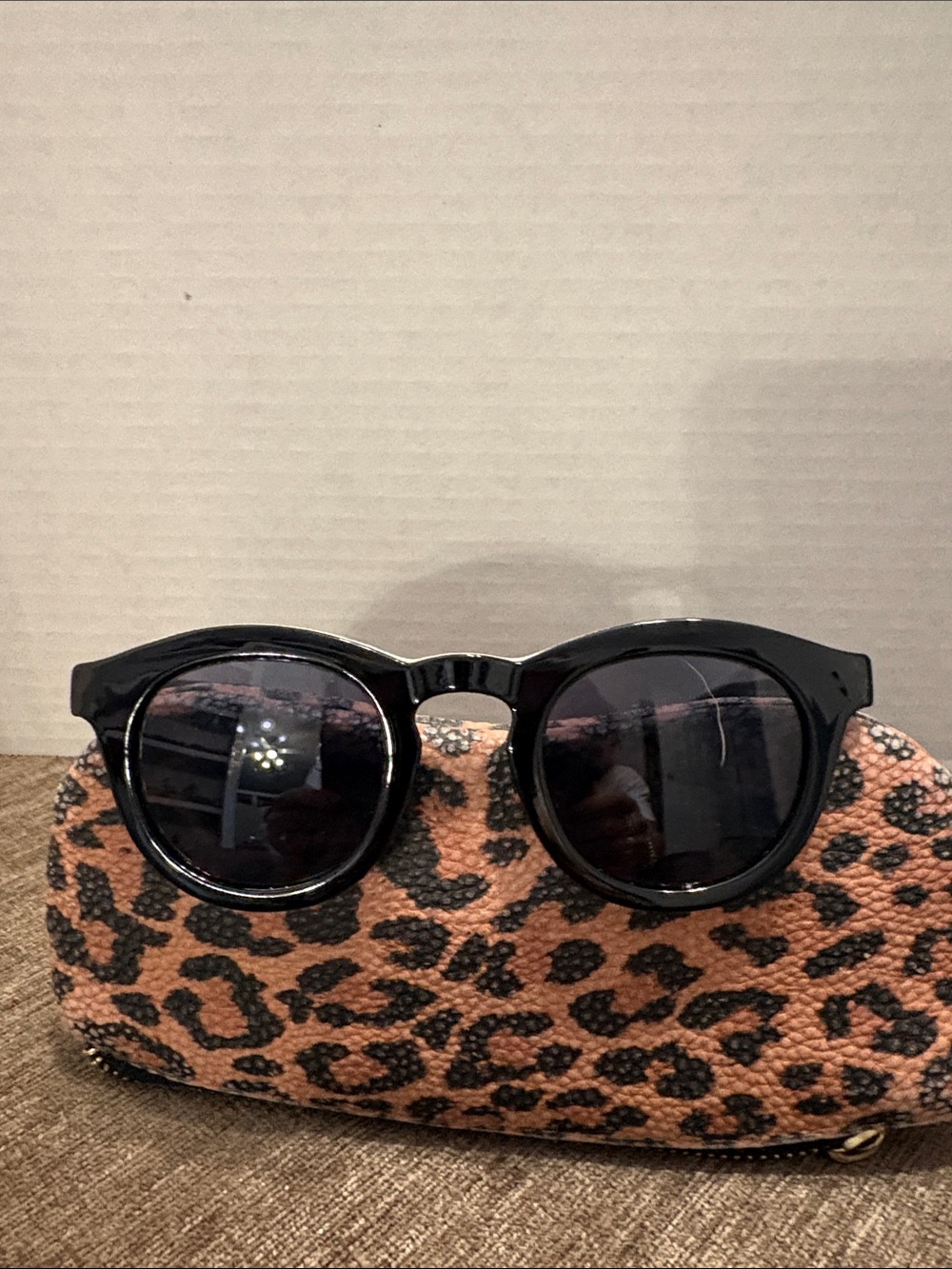 Women’s Black Round Sunglasses with Leopard Print Case